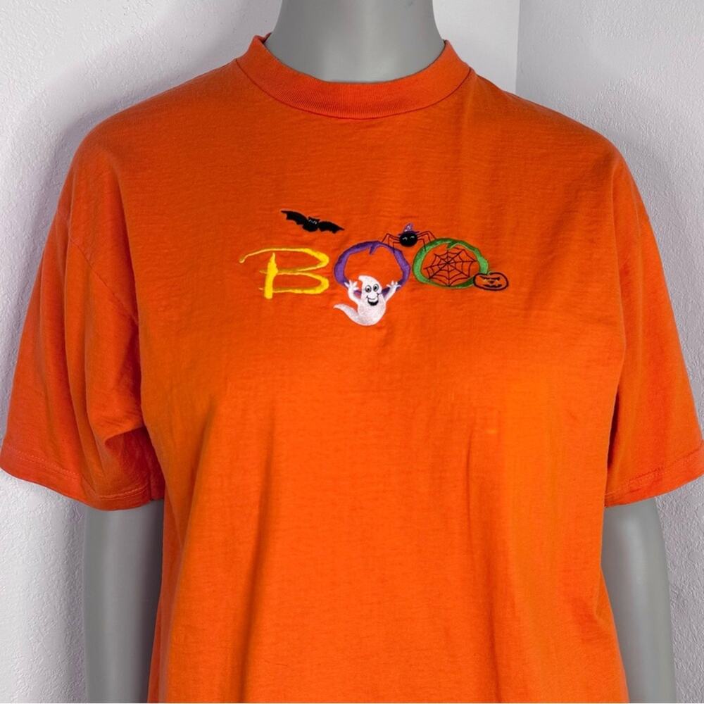 Vintage 90s Halloween Embroidered BOO T-Shirt Orange Ghost Pumpkin Bat Large